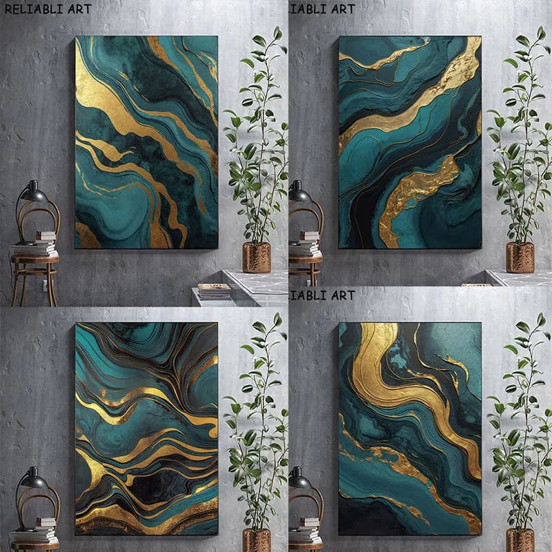 Blue floor abstract golden lines poster and prints on canvas modern painting wall art pictures for living room decorations for home without frame