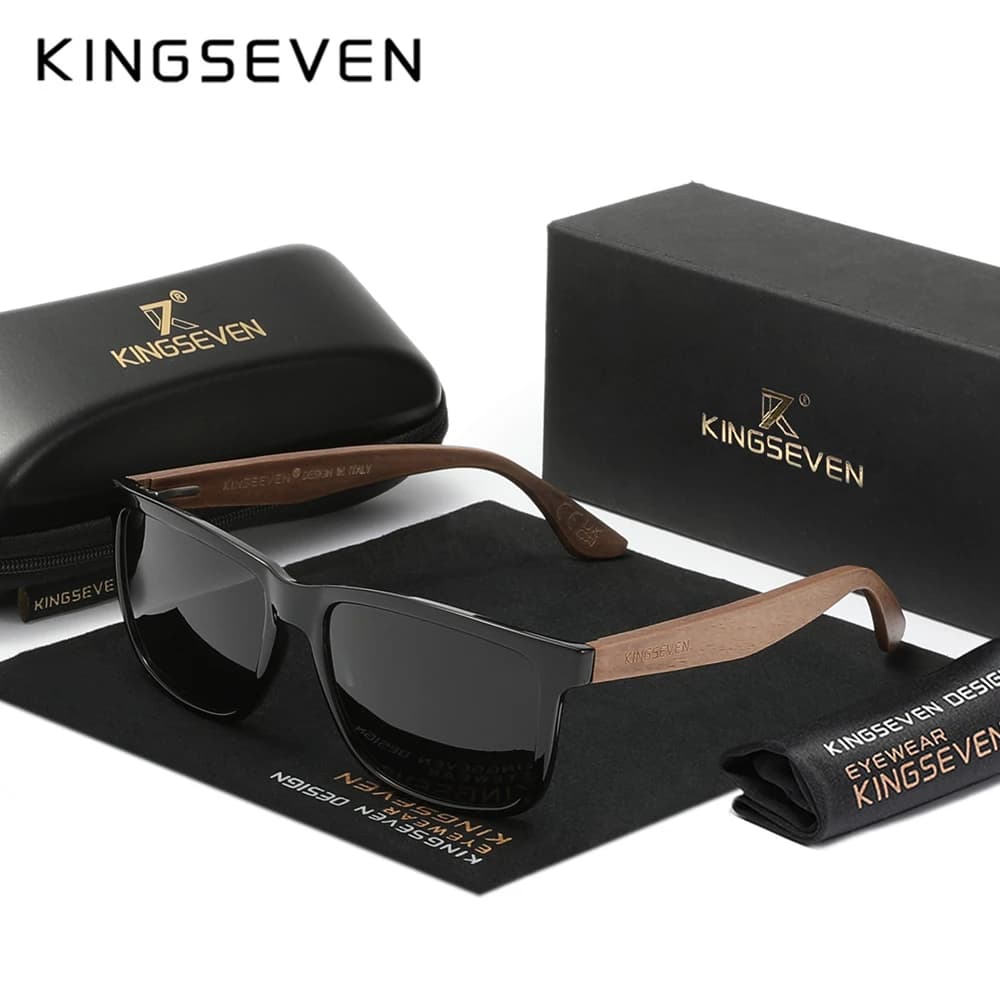 KINGSEVEN Black Walnut Wood Sunglasses Man Polarized High Quality Rectangle Glasses Woman UV400 Eyewear Accessory Original Box
