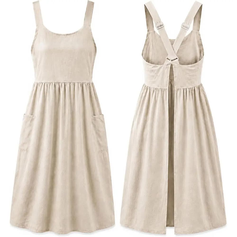 Cotton Linen Apron Back Work Apron Women with Pockets Halter Apron Gardening