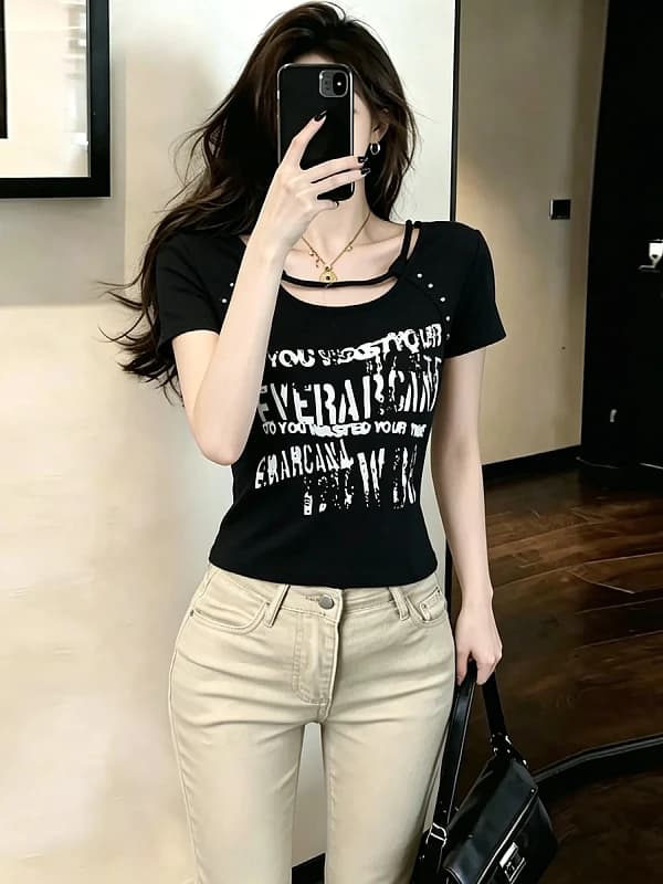 Slim Fit Letter Print T-Shirt for Women Summer Design Sense Rivet Large Size Fat Sister Hot Girl Style Korean Version Short S...