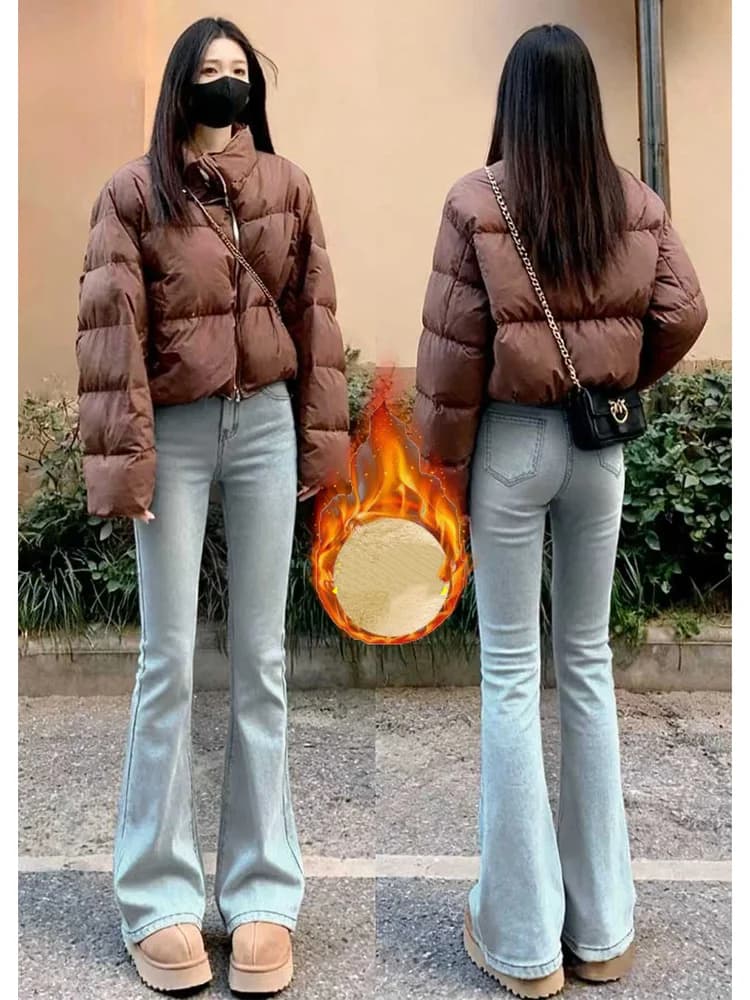 Jeans a Zampa Blu Chiaro Foderati in Pile da Donna, Taglia Piccola, Vita Alta, Caldi e Modellanti, Stile Elegante