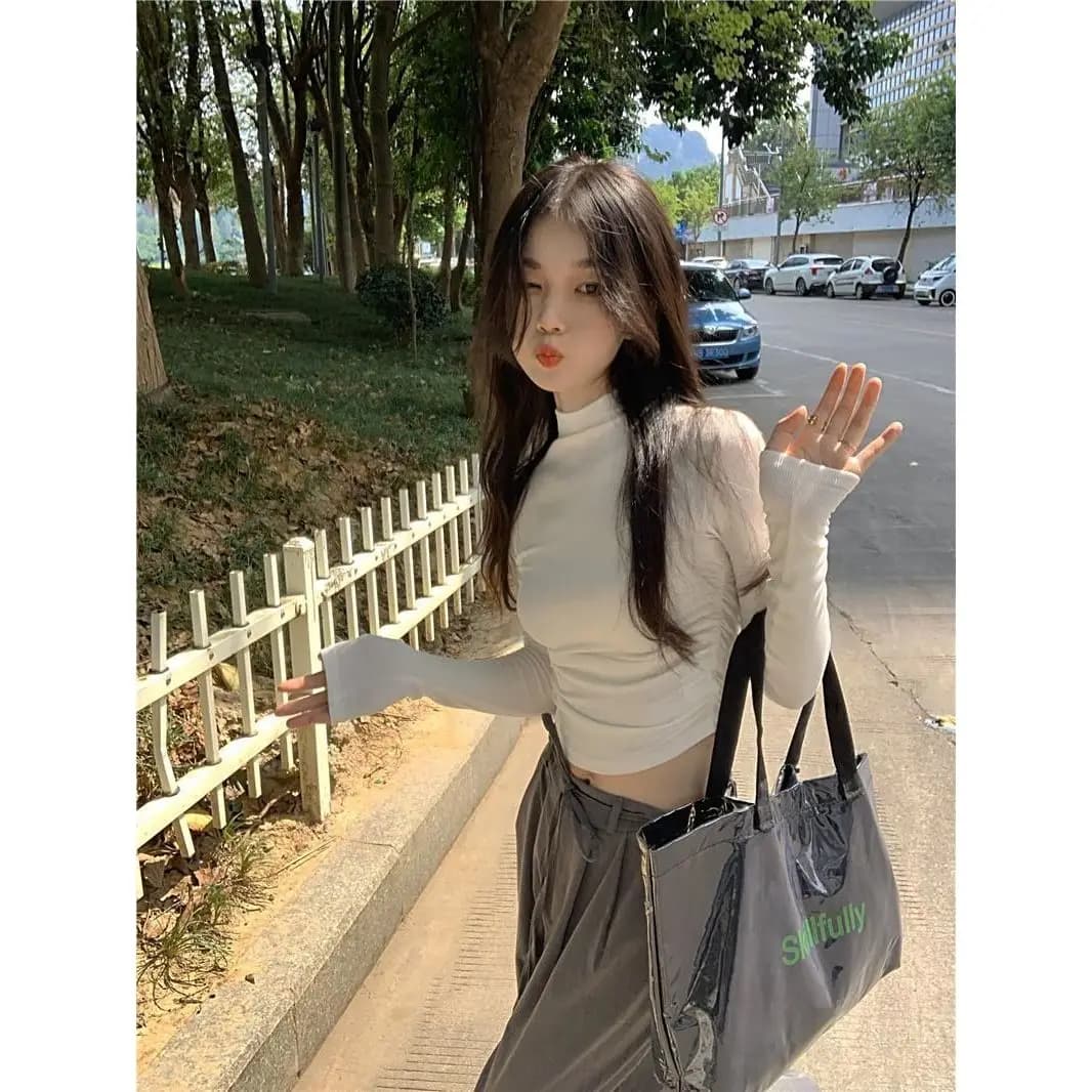 Design Sensation Drawstring Long Sleeve T-Shirt Women's Autumn Winter Slim Fit Short Style Fashionable Base Shirt Hot Girl Top