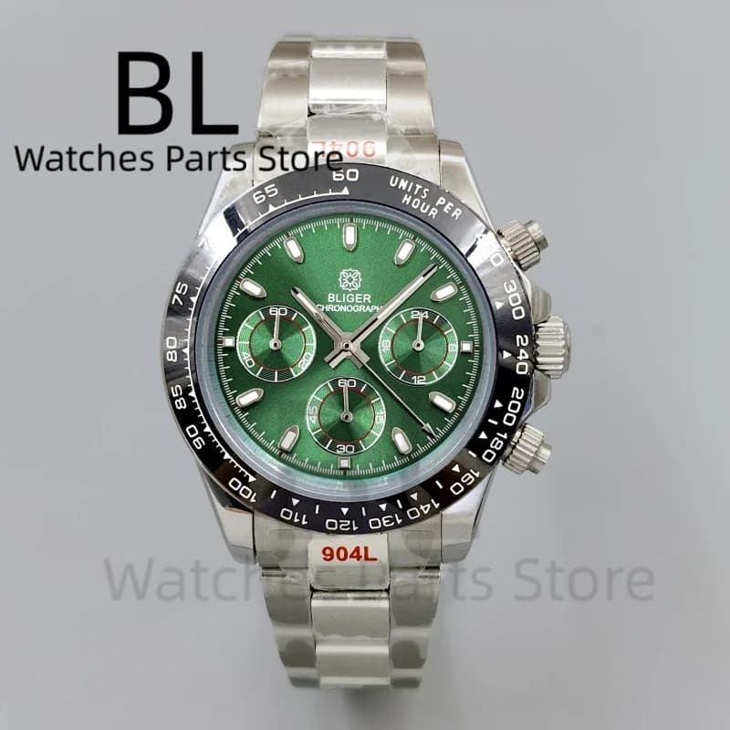 Orologio da Uomo BLIGER 39mm di Lusso con Quadrante Verde, Cronografo VK63, Cassa in Acciaio Inossidabile Lucido, Ghiera in Ceramica, Vetro Zaffiro