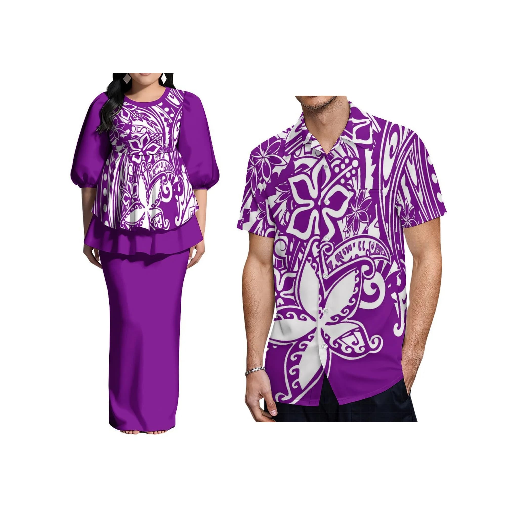 Abito da donna di design artistico dell'Isola del Pacifico taglie forti Abito da donna in due pezzi con volant a bolle di puletasi polinesiano personalizzato