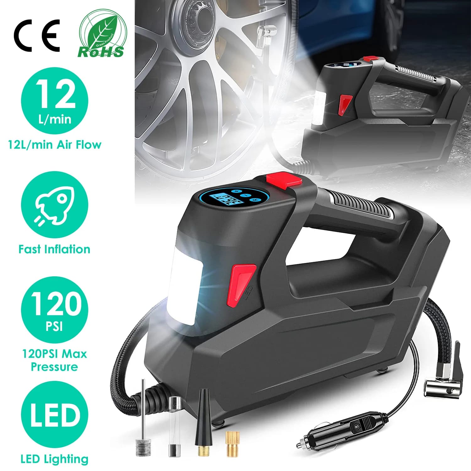 Gonfiatore Portatile per Pneumatici 120 PSI Massimo 90W con Display Digitale, Luce LED, Ugello Gonfiabile e Fusibile