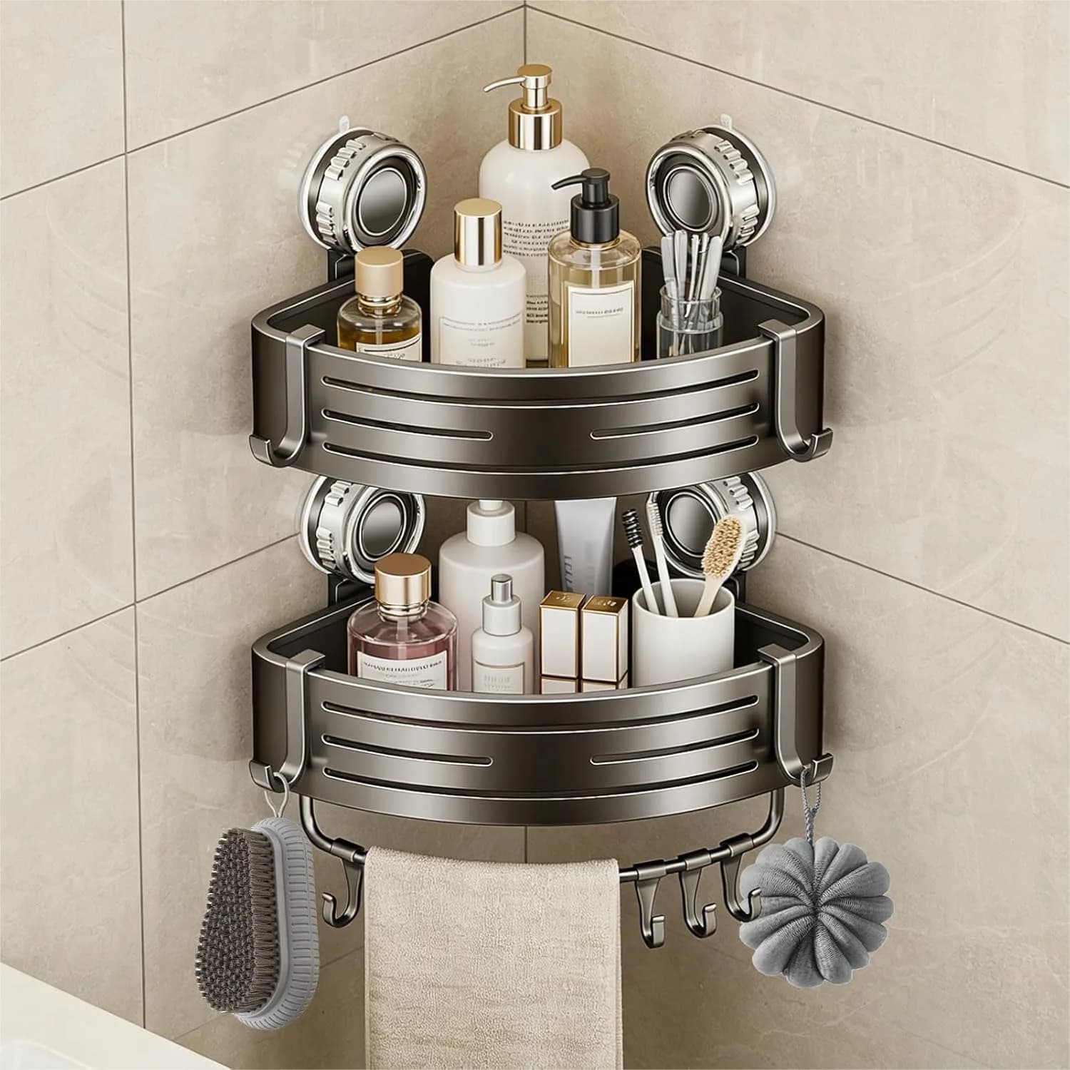 Mensola angolare per doccia, scaffale da bagno con ventosa, senza foratura, in alluminio antiruggine con ganci, a 2 livelli, grigio