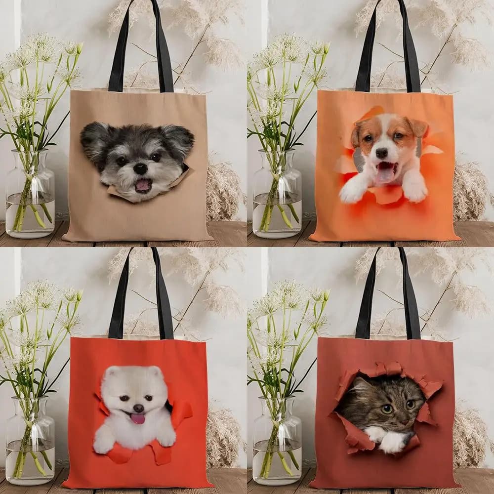 Cute Naughty Cats Dogs Storage Bags Canvas Double-Sided Print Tote Bag Large Capacity Shoulder Fashion Shopping Handbag