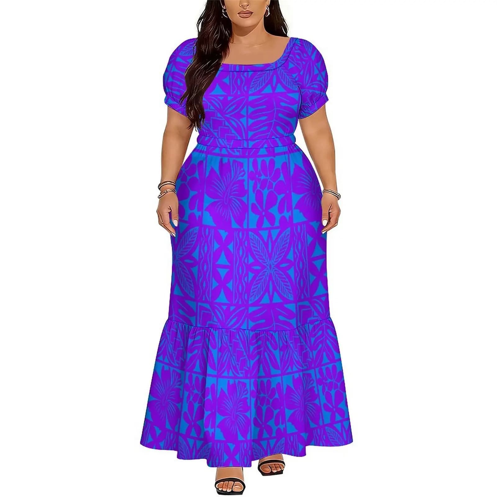 Abito Lungo Elegante con Scollo a V per Donne, Stampa Floreale Artistica Polinesiana Samoana, Vestito Personalizzato con Lacci
