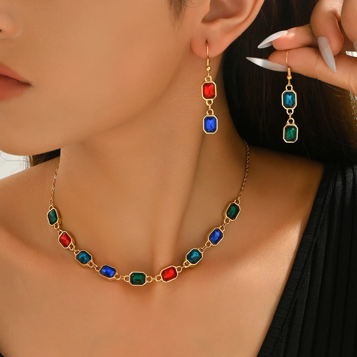 1 set di collana girocollo e orecchini vintage multicolori con pietre preziose finte, set di gioielli con cristalli quadrati color oro, adatto per donne, perfetto per matrimoni, balli e feste, un regalo per gli amici