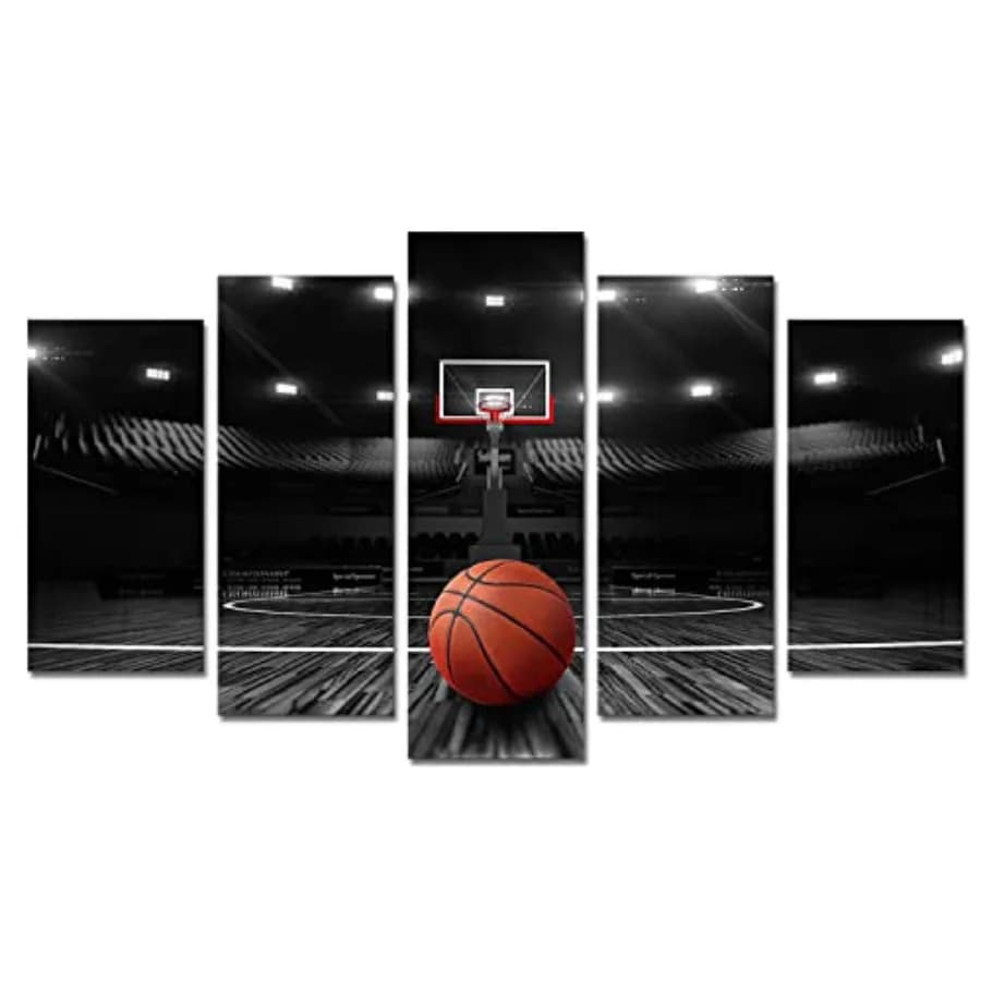 Set di 5 Quadri di Campi da Basket per Camera da Letto, Stampe su Tela in Bianco e Nero, Arte Sportiva per Soggiorno B
