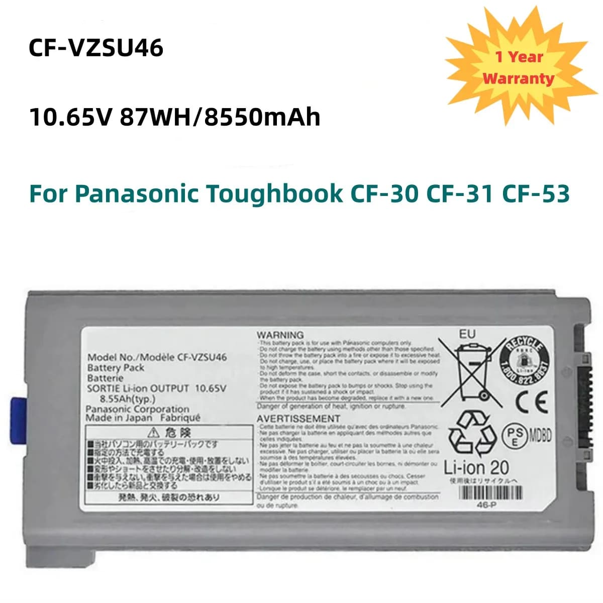Batteria per Laptop 10.65V 87WH/8550mAh CF-VZSU46 per Panasonic Toughbook CF-30 CF-31 CF-53 CF-VZSU46AU CF-VZSU46U CF-VZSU46S