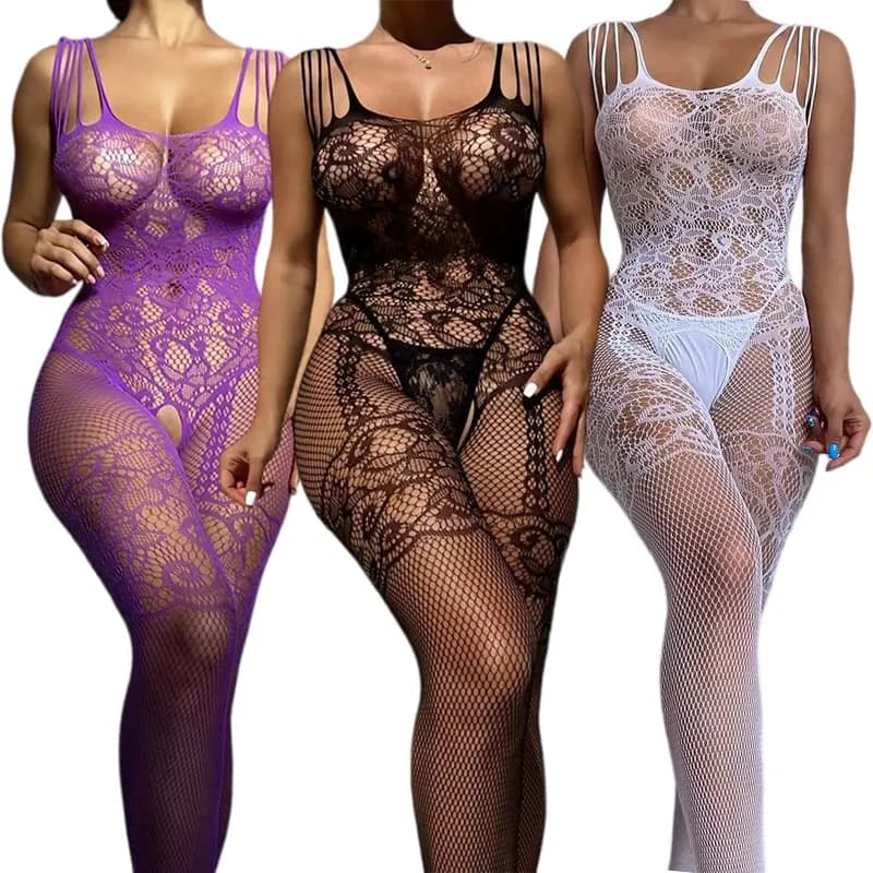Lingerie Sexy da Donna, Body Intero Trasparente, Pigiama a Rete, Reggiseno con Apertura all'Inguine, Completo Intimo Esotico