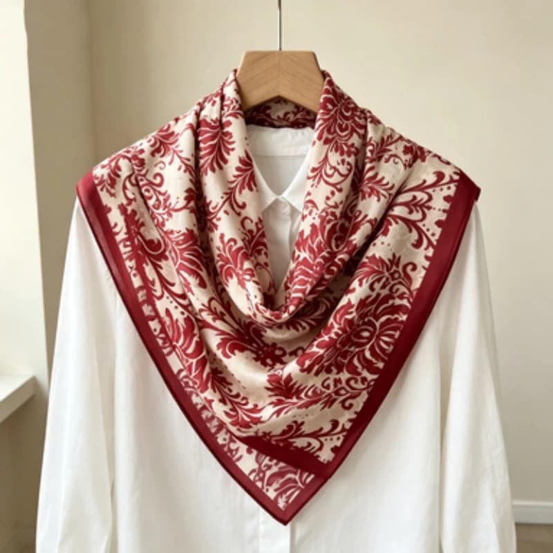 Fashion Women Decor Square Scarf Double Crepe 100% Mulberry Silk Classic Baroque Scroll Pattern Soft Small Neck Ornament