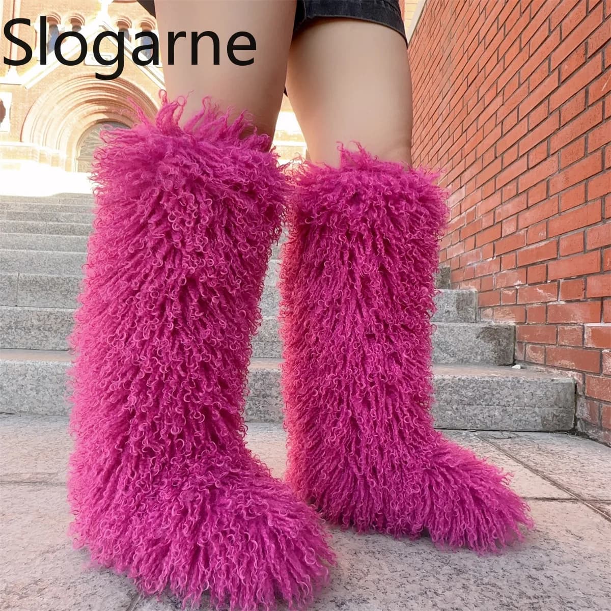 High Knee Boots in Luxury Winter Synthetic Fur Snow Boots in High Tube Fur in Women's Wool Suffici shoes with Synthetic Fur Plates Mongolian Girl Boots