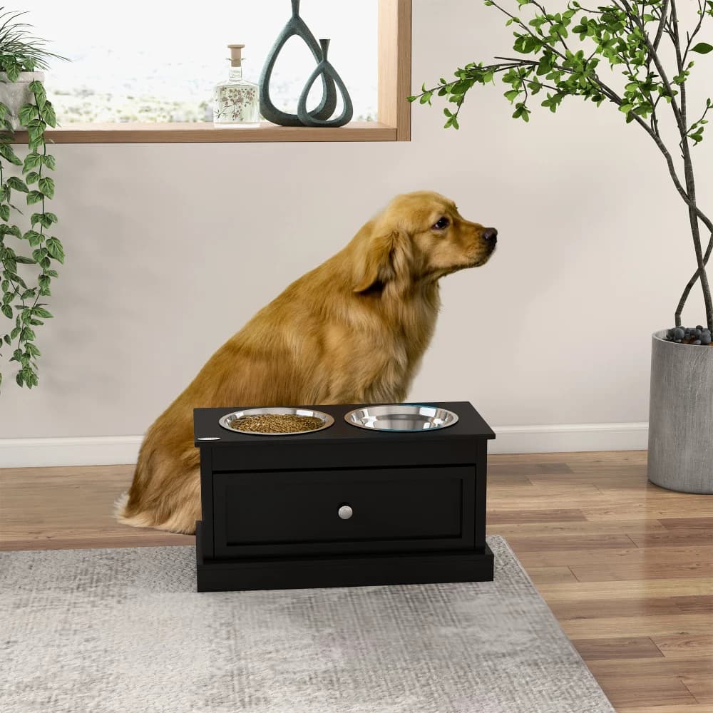 PawHut Large Elevated Dog Bowls with 11L Storage Drawer, Raised Dog Bowl Stand, Pet Food Bowl, Dog Feeding Station, Black