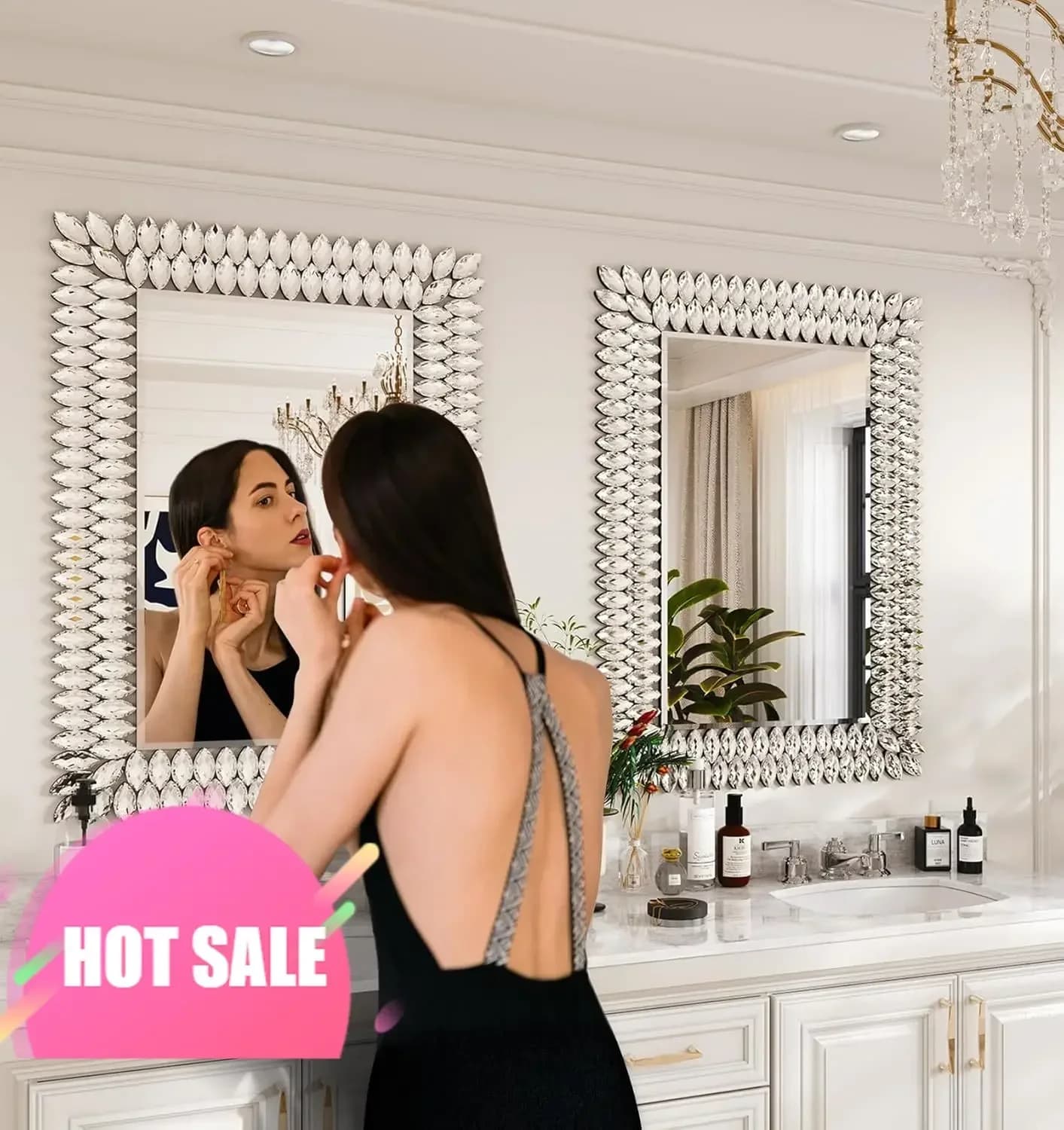 Offerta Esclusiva: Specchio da Bagno di Lusso con Gioielli, 24"x36" Rettangolare, Decorativo da Parete con Diamanti