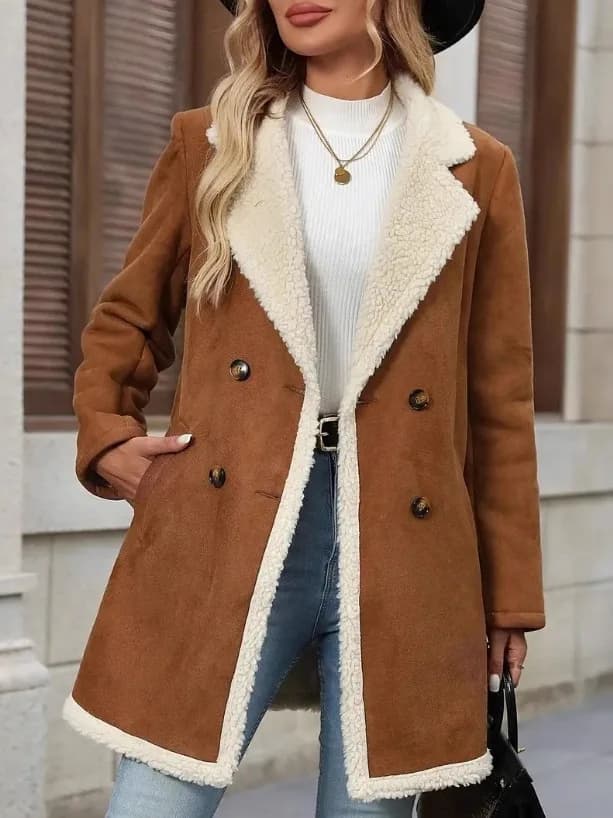 Women's Plaid Suede Jacket Autumn Winter New Style Casual Lapel Medium Length Coat Double Breasted Pure Color Commute Style