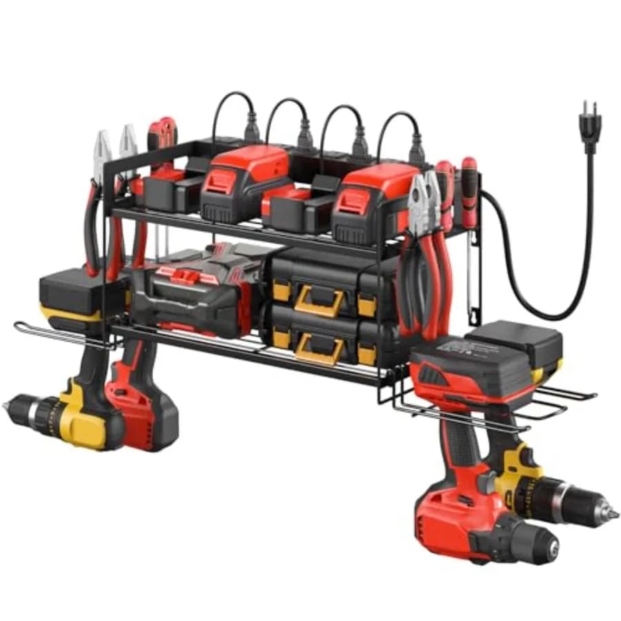 Organizzazione Attrezzi da Garage con Stazione di Ricarica Organizzatore per Batterie di Utensili Elettrici con Ripiano e Presa Multipla Supporto da parete per 4 trapani M