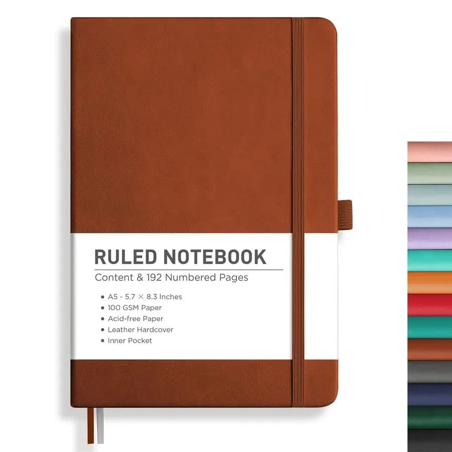 Lined Journal Notebook, 192 Numbered Pages, A5 Medium Size 5.7 x 8.3, for Men Women, Journaling, Writing, Work Office, Leather H