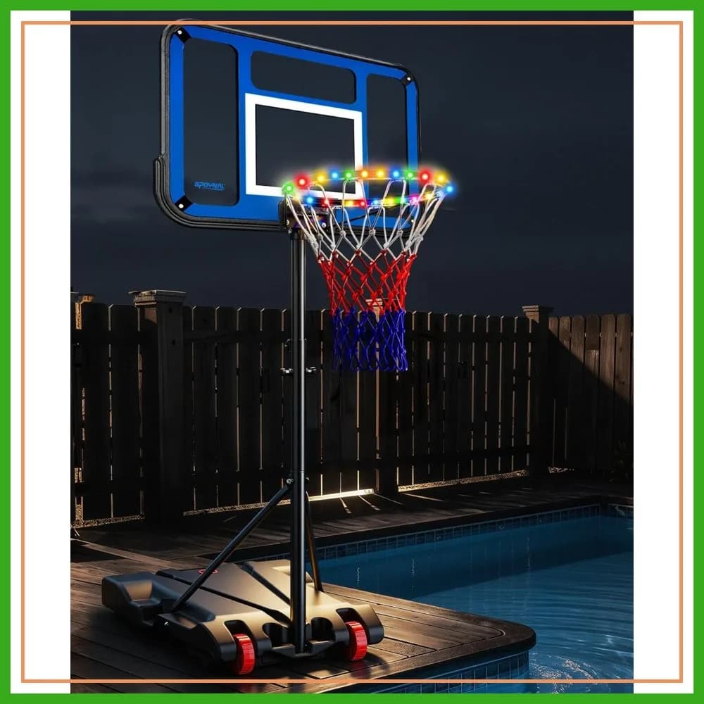 Canestro da Basket Regolabile 3.8-7FT Portatile con Tabellone in PC LED per Interni ed Esterni