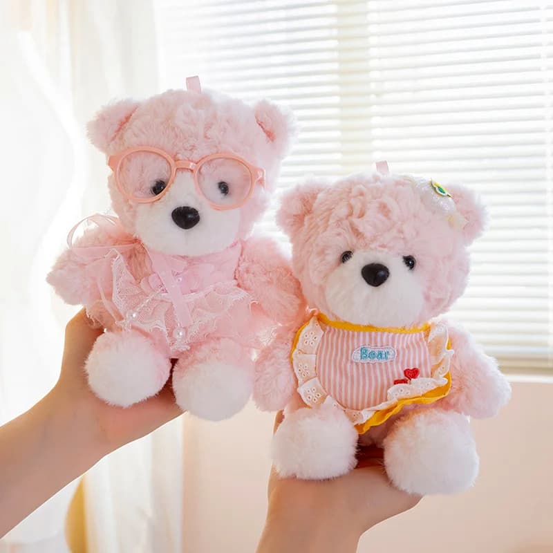 Adorable Plush Bear Pair Brown With Pink Polka Bow And Heart Gingham Bib With Lace Trim Soft Stuffed Gentle Wonderful