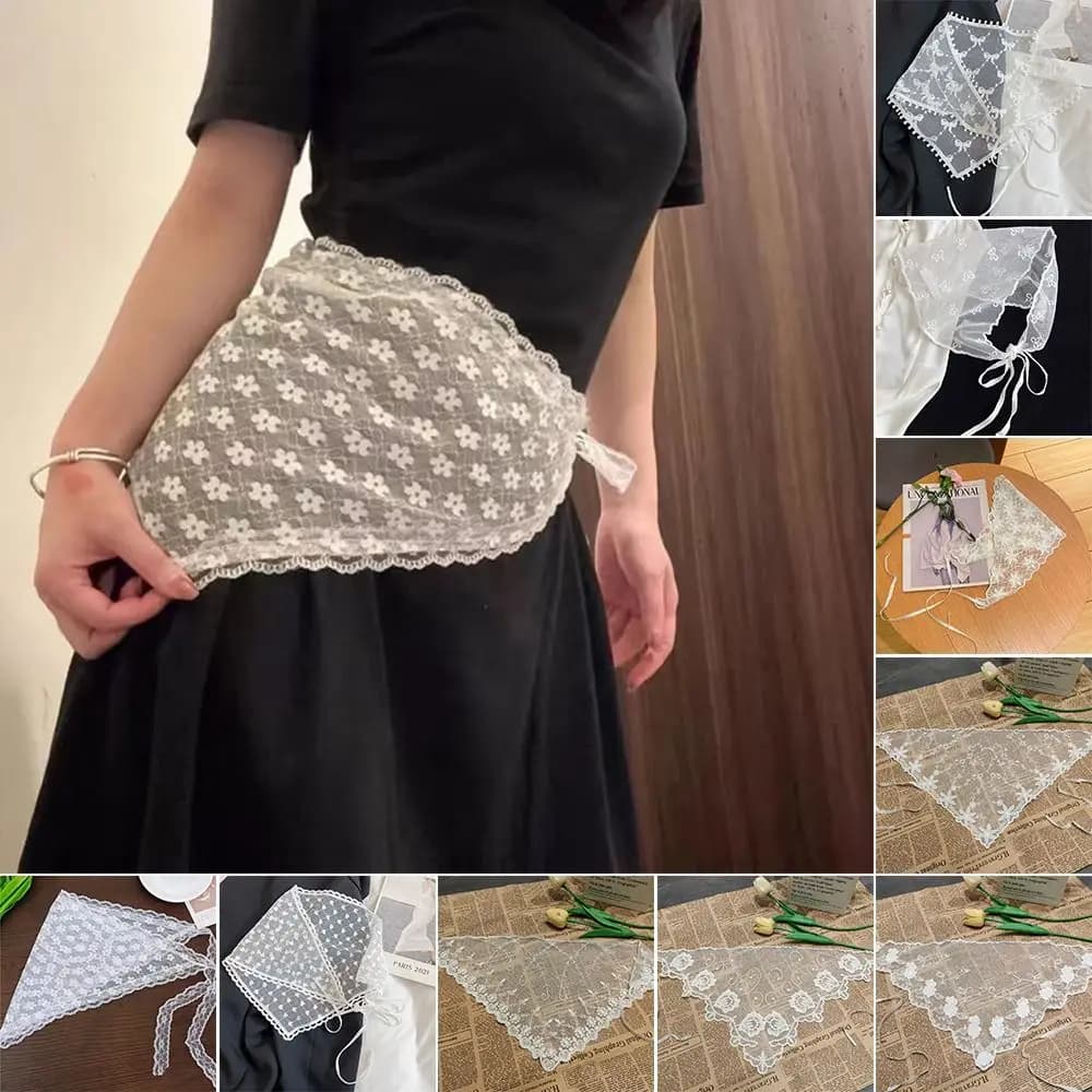 Foulard Triangolare in Pizzo Ricamato Bianco Stile Pastorale, Sciarpa per Capelli Intrecciata Floreale Traforata, Gonna in Pizzo per Donne e Ragazze