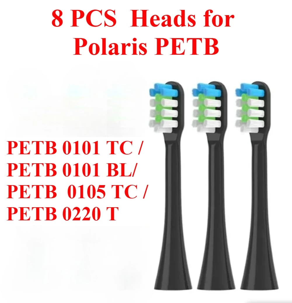 8 testine di ricambio per spazzolino da denti Polaris PETB 0101 TC / 0101 BL/ 0105 TC / PETB 0220 T Sonic, morbide