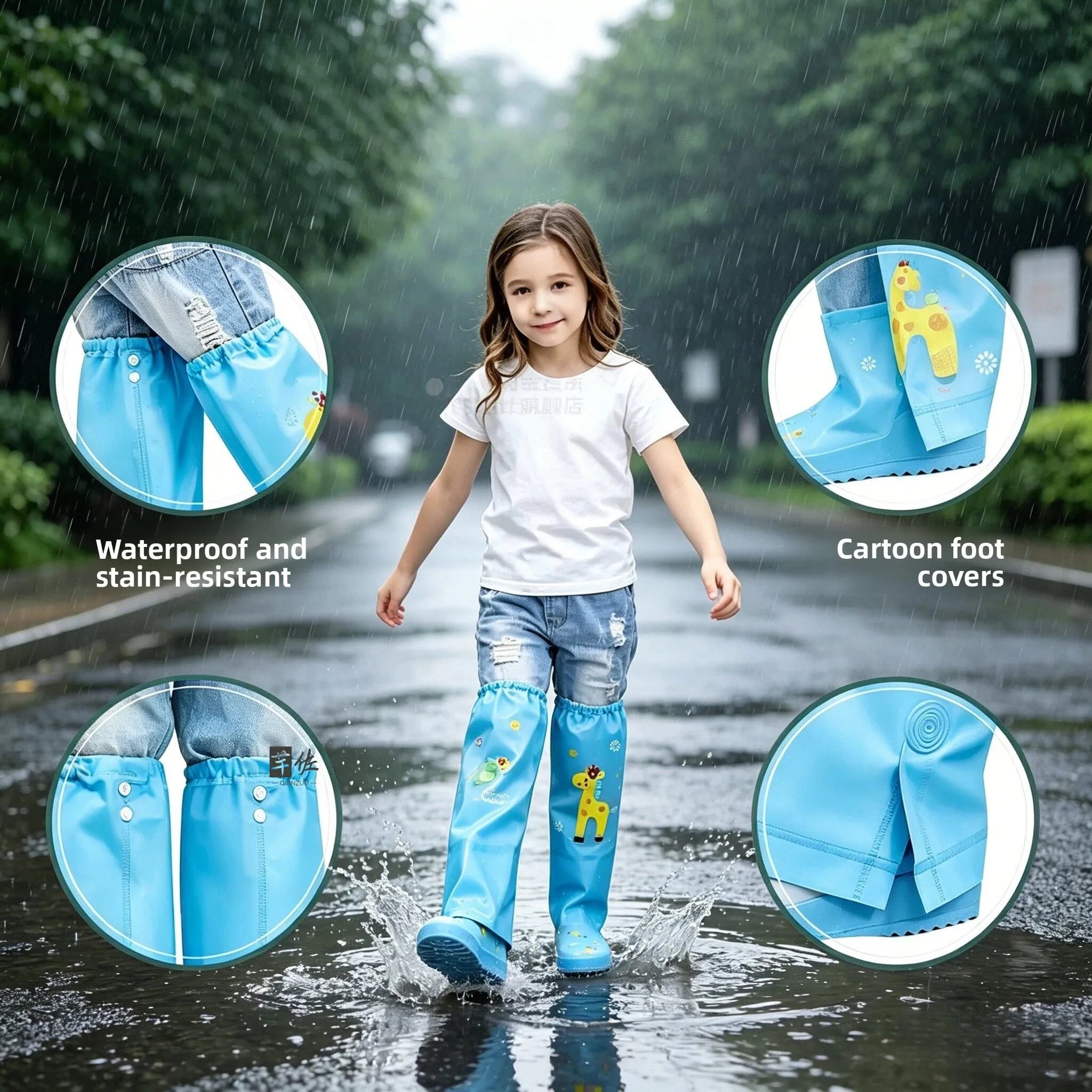 Children's One-Piece High-Waisted Rain Pants And Boots Easy to Wear And off Waterproof Knee-High Rain Boot Covers for Students