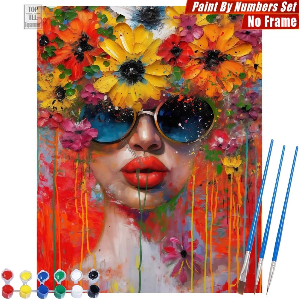 Kit Pittura con Numeri Fai da Te Ritratto di Viso con Occhiali da Sole - Copricapo Floreale Stravagante Decorazione per Casa e Camera da Letto Regalo di Compleanno per la Mamma