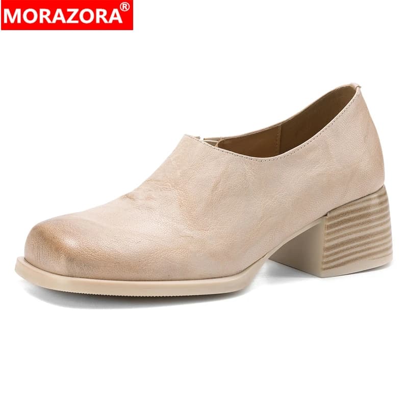 MORAZORA Women's genuine leather shoes with square tip and medium heel, fashionable women's shoes for spring and autumn