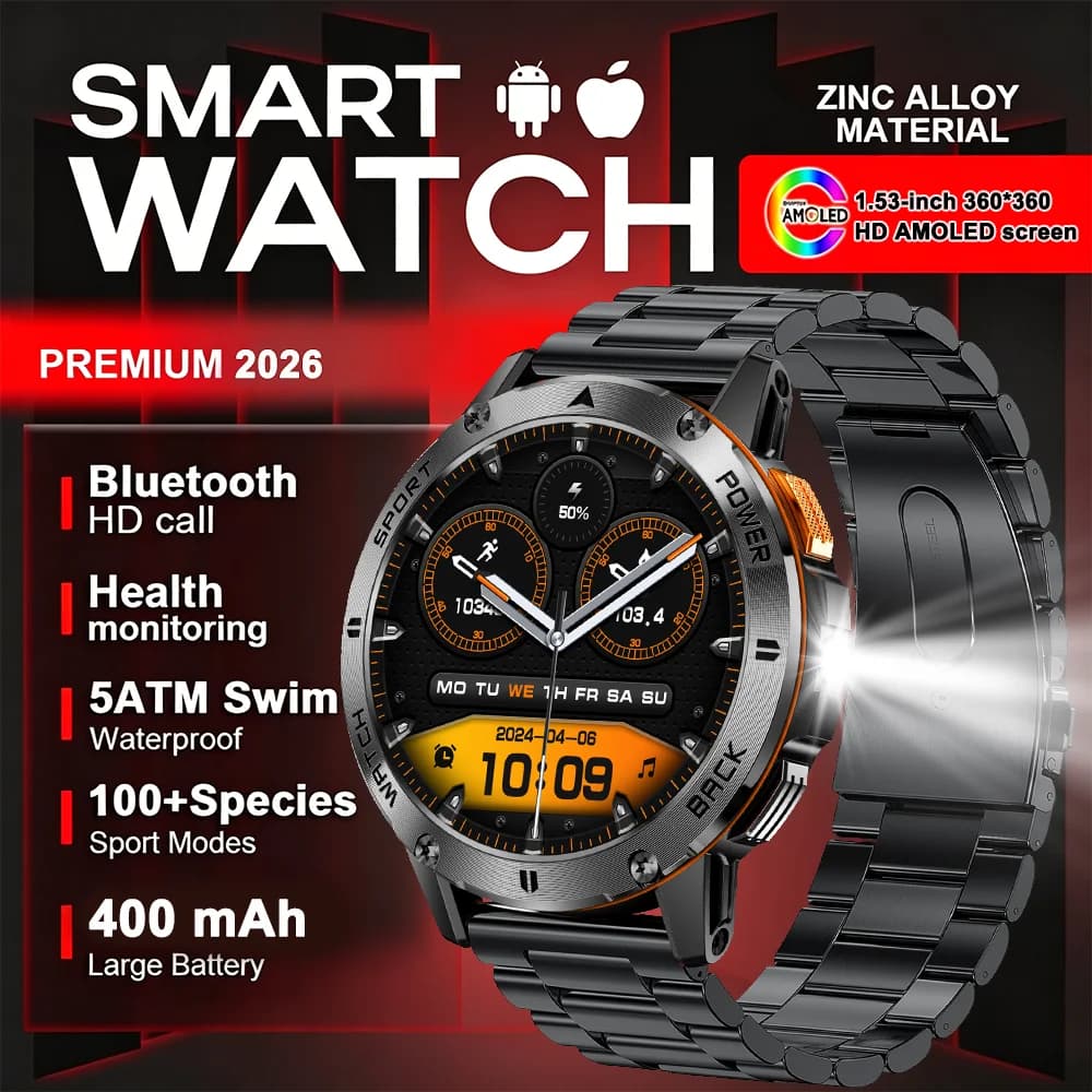 Smartwatch 2026 con Chiamate Wireless, Previsioni Meteo, Ricarica Magnetica, Impermeabile, Torcia LED, per Uomo, Compatibile con Android e iOS