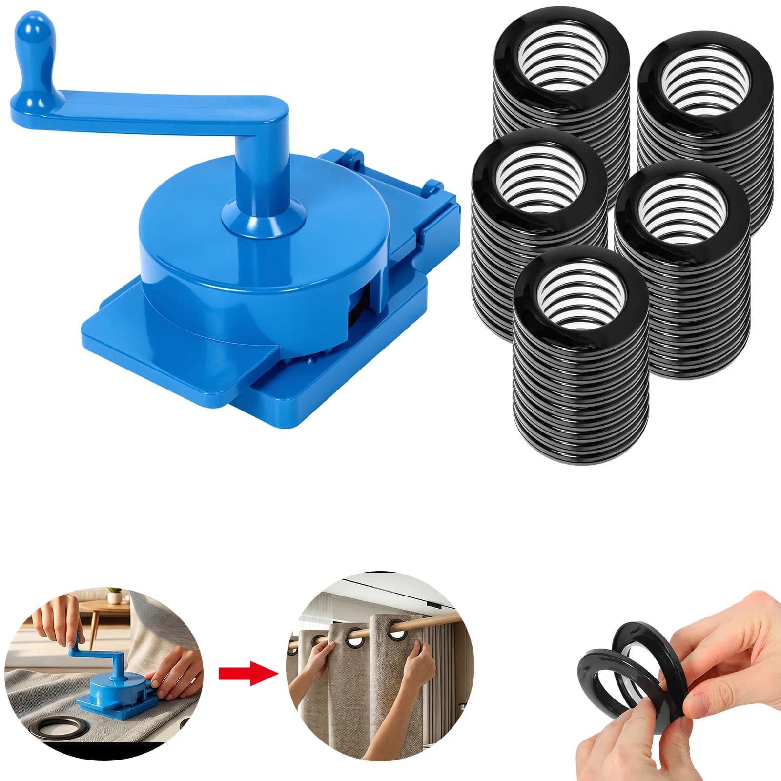 Manual Curtain Punch Set with 50 Grommet Fits 40mm 1.9–2 Inch Rings Fabric Puncher for Curtain Shower Door Divider Banner Canvas