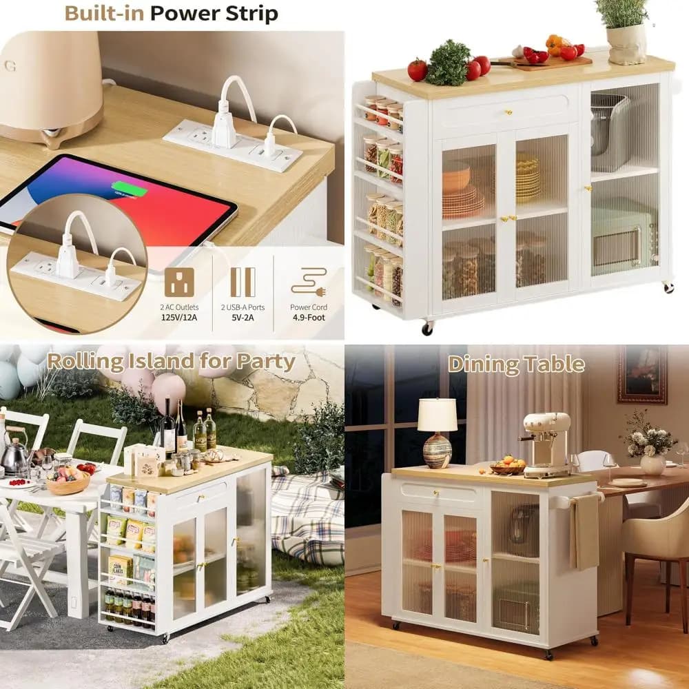 Carrello da Cucina con Ruote, Armadietti, Presa di Corrente, Porta Spezie e Portasciugamani per Isola da Cucina Portatile