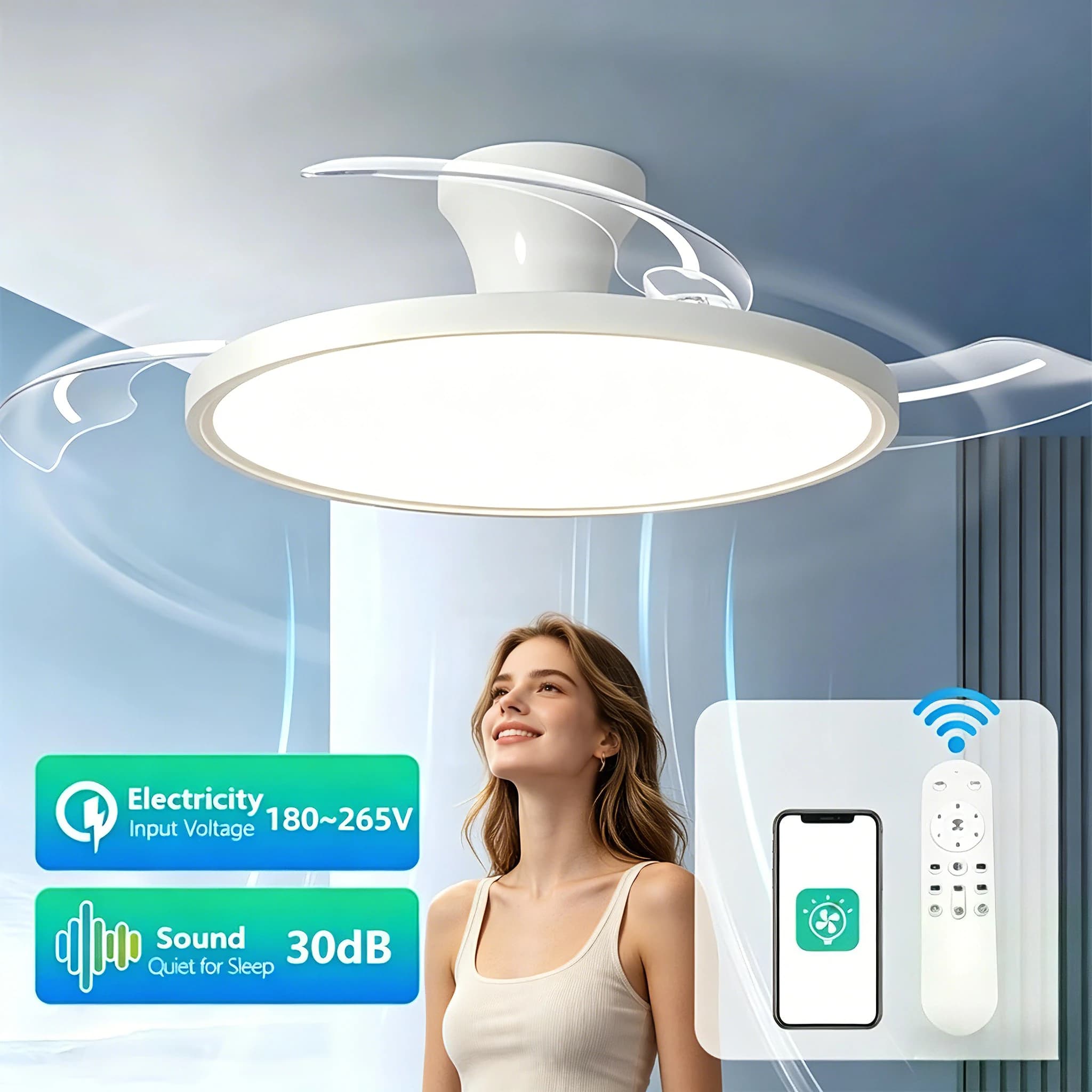 Ventilatore da Soffitto con Luce LED e Pale Invisibili, Telecomando e Dimmer, Adatto per Camere da Letto, Soggiorni, Sale da Pranzo e Studi