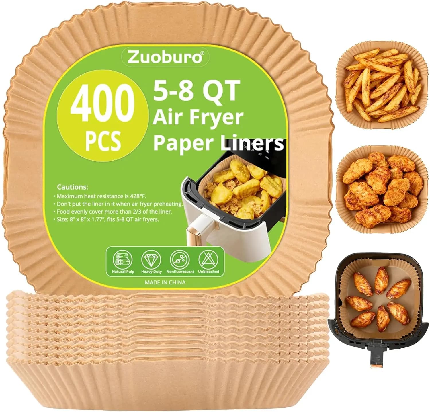 400 pieces of air frying paper, 5-8 QT air frying paper, disposable, unbleached, non-stick, parchment paper, 8 inch squares for cooking.