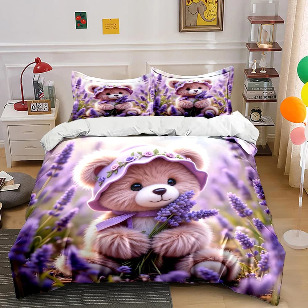Set copripiumino con motivo orsetto carino che tiene una lavanda, stampa digitale, biancheria da letto colorata in poliestere con chiusura a cerniera, ideale per regali.
