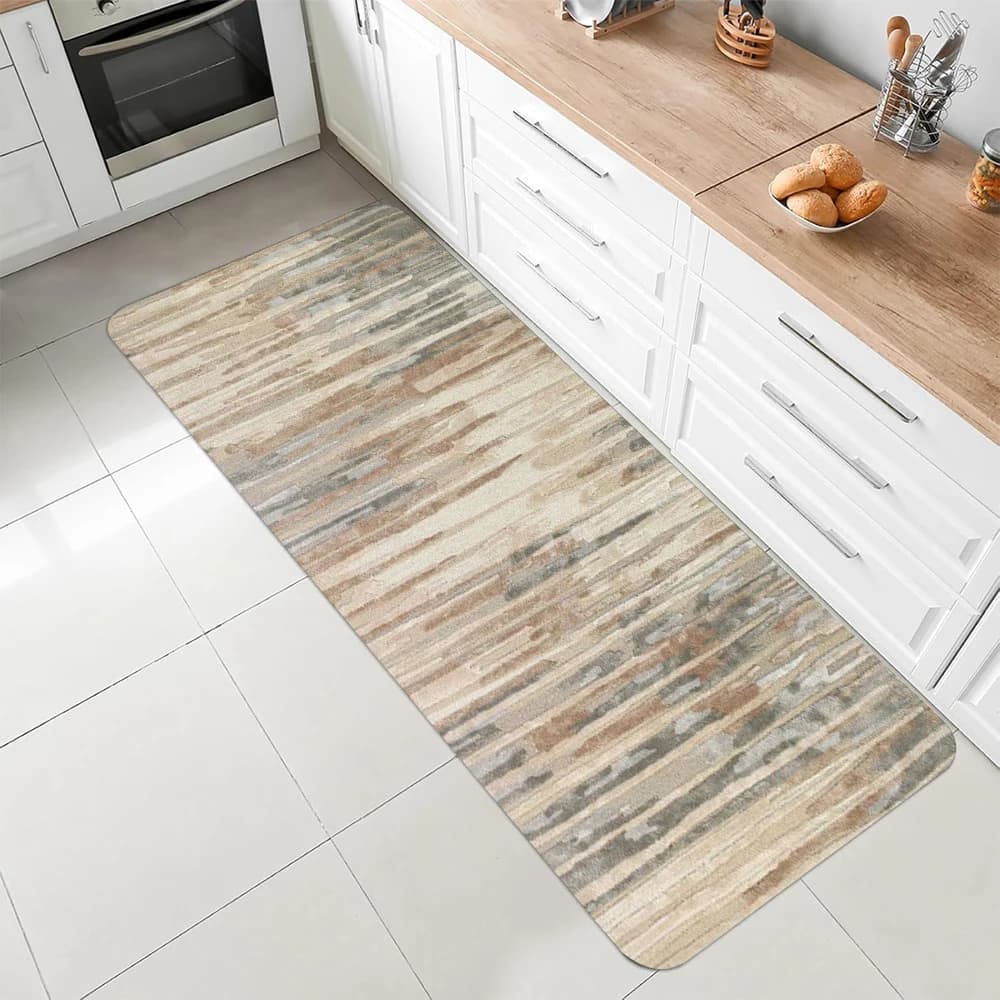 Tappeto Lungo Astratto a Righe con Motivo Acquerello Colorato Beige Blu Grigio, Tappetino Antiscivolo per Cucina Bagno Arredamento Casa