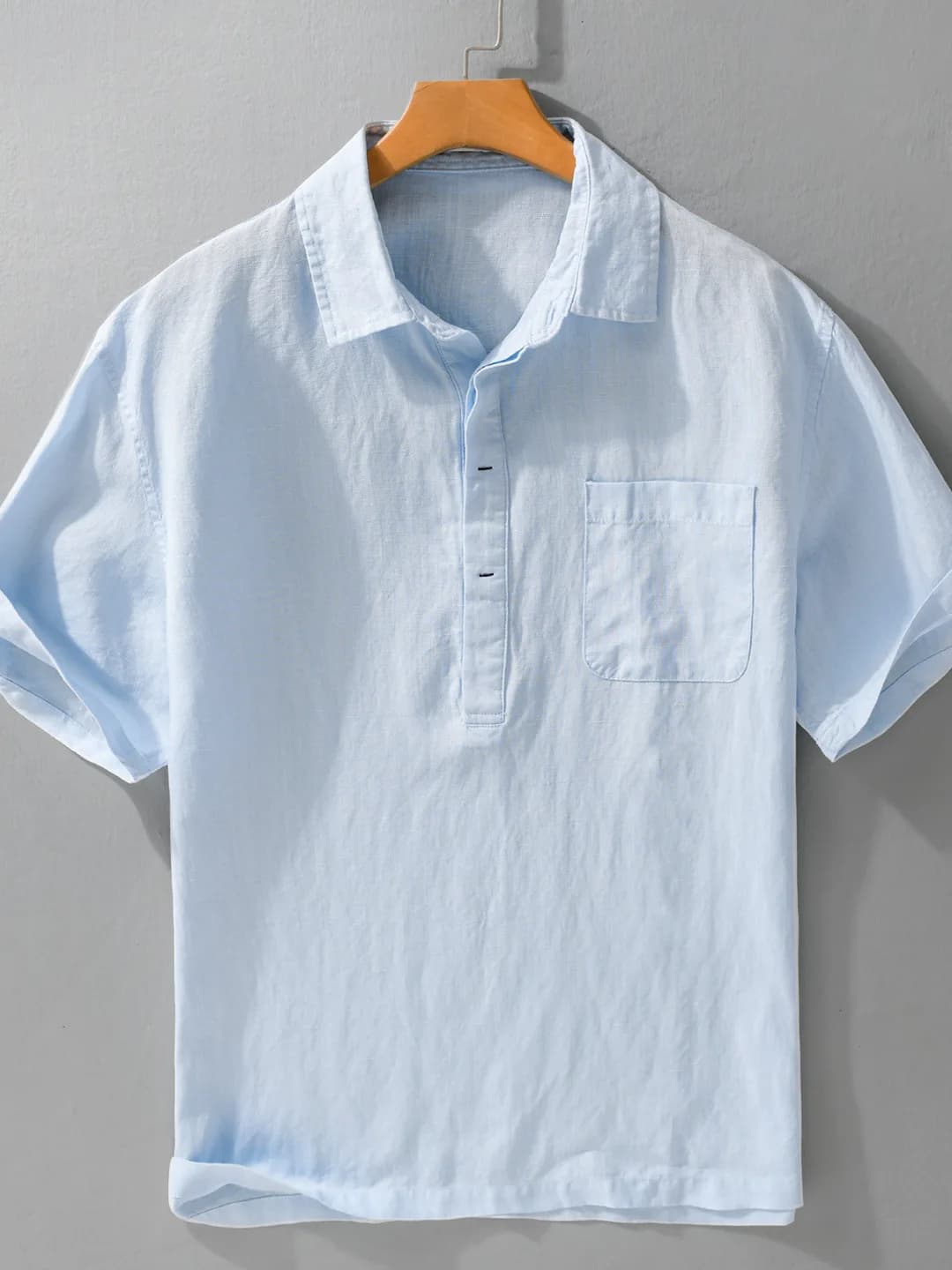 Casual Linen Shirt Collared Leisure Men's Fashion Breathable Lightweight Short Sleeve Patch Pocket Design Pure Color Summer S...