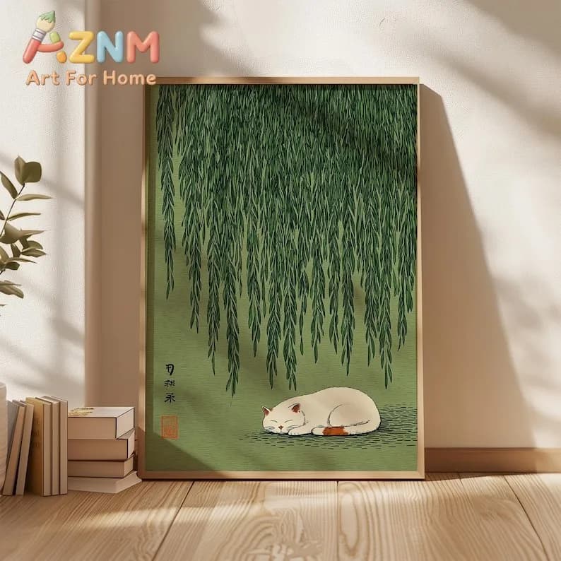 1pc Japanese Cat Under Willow Tree Poster, Unframed Green Nature Cat Wall Art Poster for Living Room and Bedroom Decortions Gift