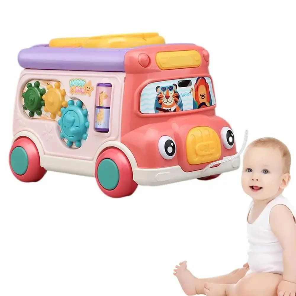 Autobus Musicale in Plastica per Bambini, Giocattolo Montessori Educativo con Suoni, Gioco Multifunzionale con Forme da Incastrare e Whack-a-Mole
