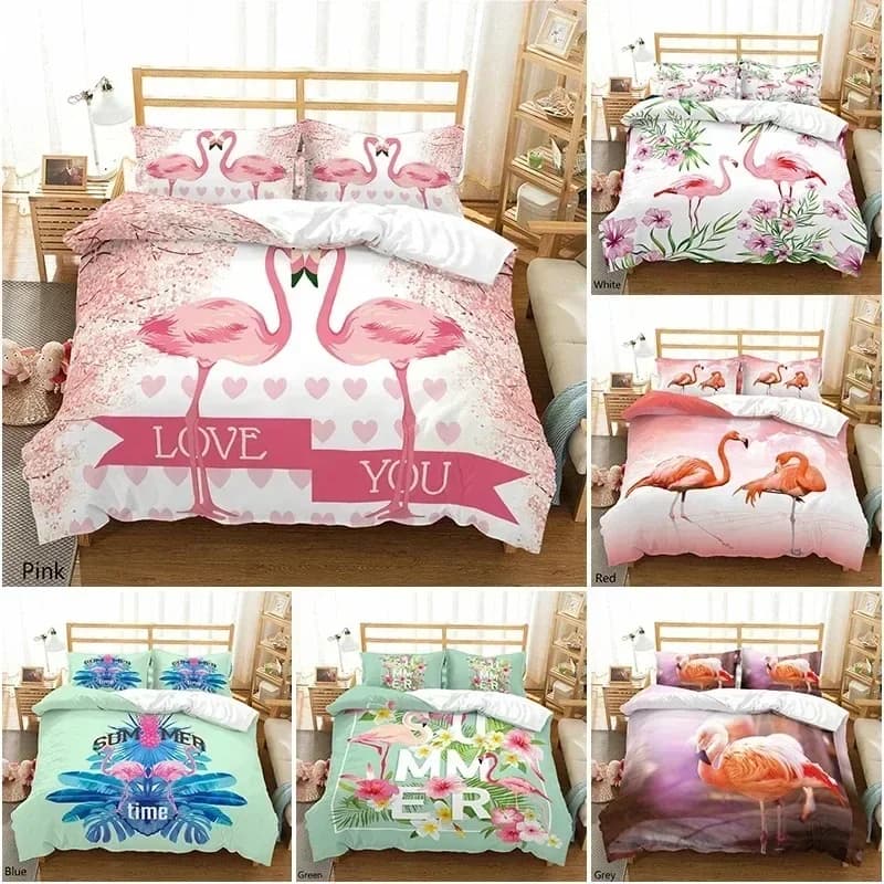 Set di biancheria da letto con copripiumino e federa Flamingo (senza imbottitura) Set di biancheria da letto stampato in 3D rosa, bianco e verde per bambini e adulti, tutte le dimensioni