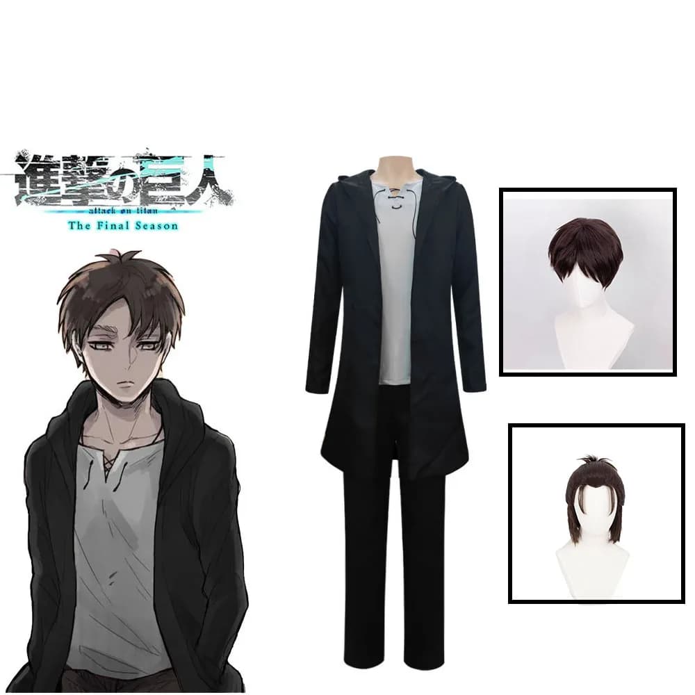 Eren Jaeger Cosplay Costume Anime Titan Cosplay Wig Costume Eren Yeager Black Trench with hood T-shirt Pants Halloween Dresses