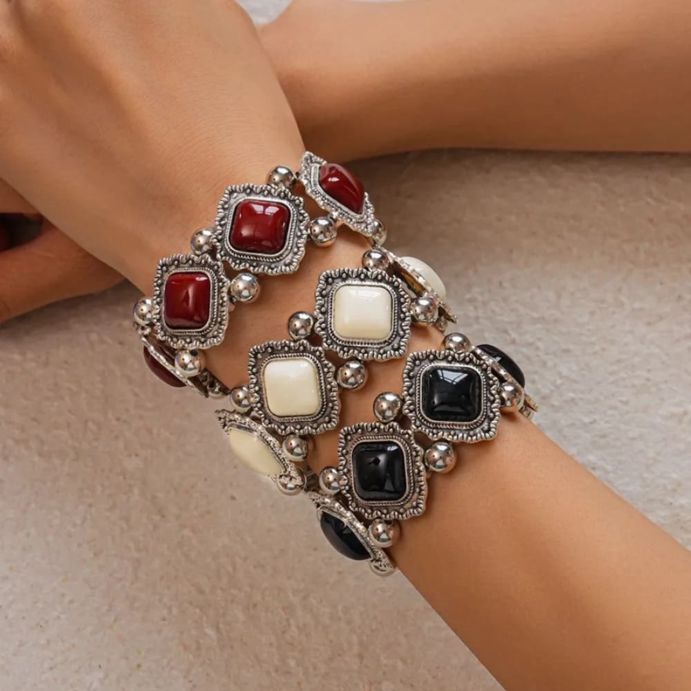 Vintage Bohemian Ethnic Acrylic Bangle Acrylic Exaggerated Irregular Wide Bracelet Minority Design Rhombic Patchwork Round
