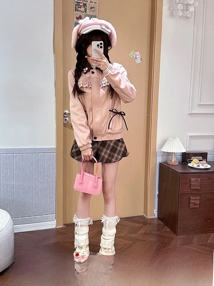 Giacca con colletto rosa stile dolce, manica corta e lunga, capospalla da donna in fibra di poliestere, abbigliamento casual giovanile alla moda