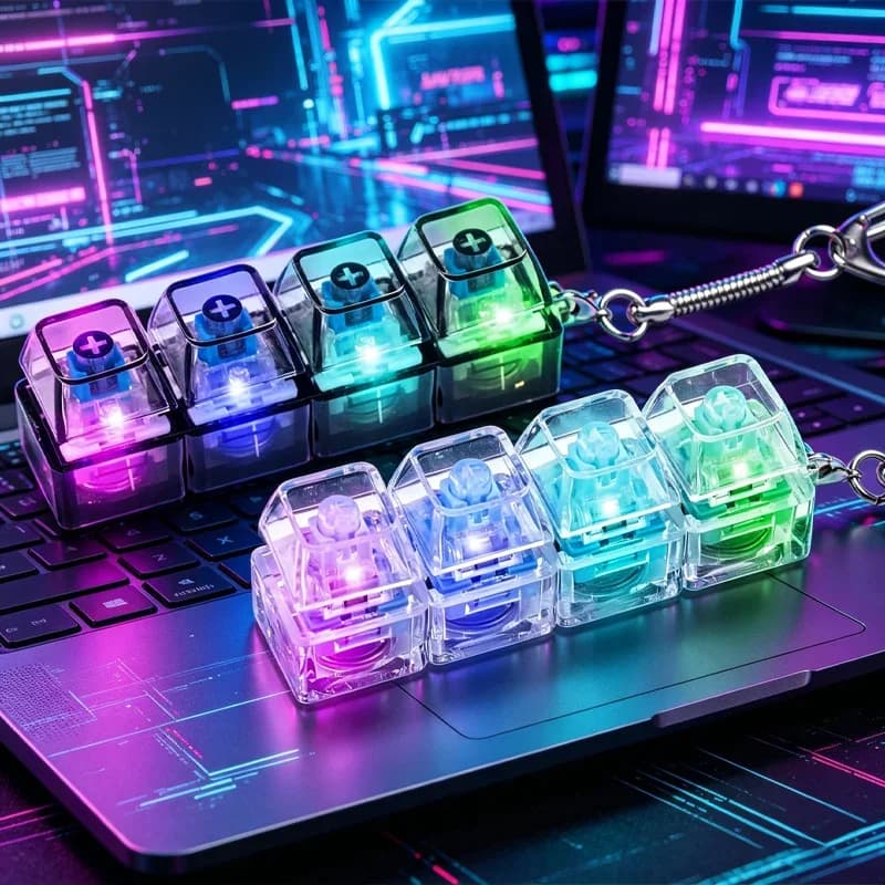 Keyboard Clicker with LED Light Keychain 4-Key Transparent Keyboard Toy Anxiety Relieving Clicker