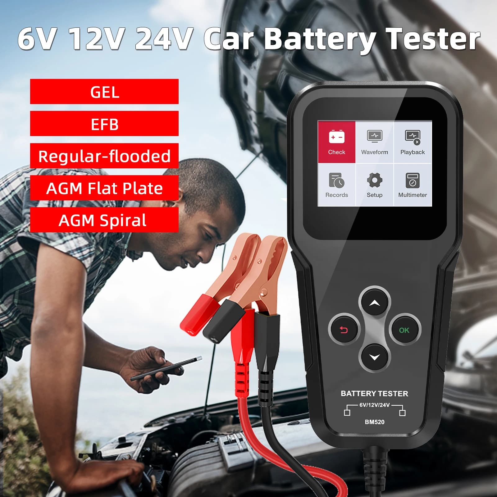 Tester Batteria Auto OBDResource BM520 6V 12V 24V 100-2000 CCA, Rilevatore di Tensione e Tester di Carica per Auto, Camion e Moto