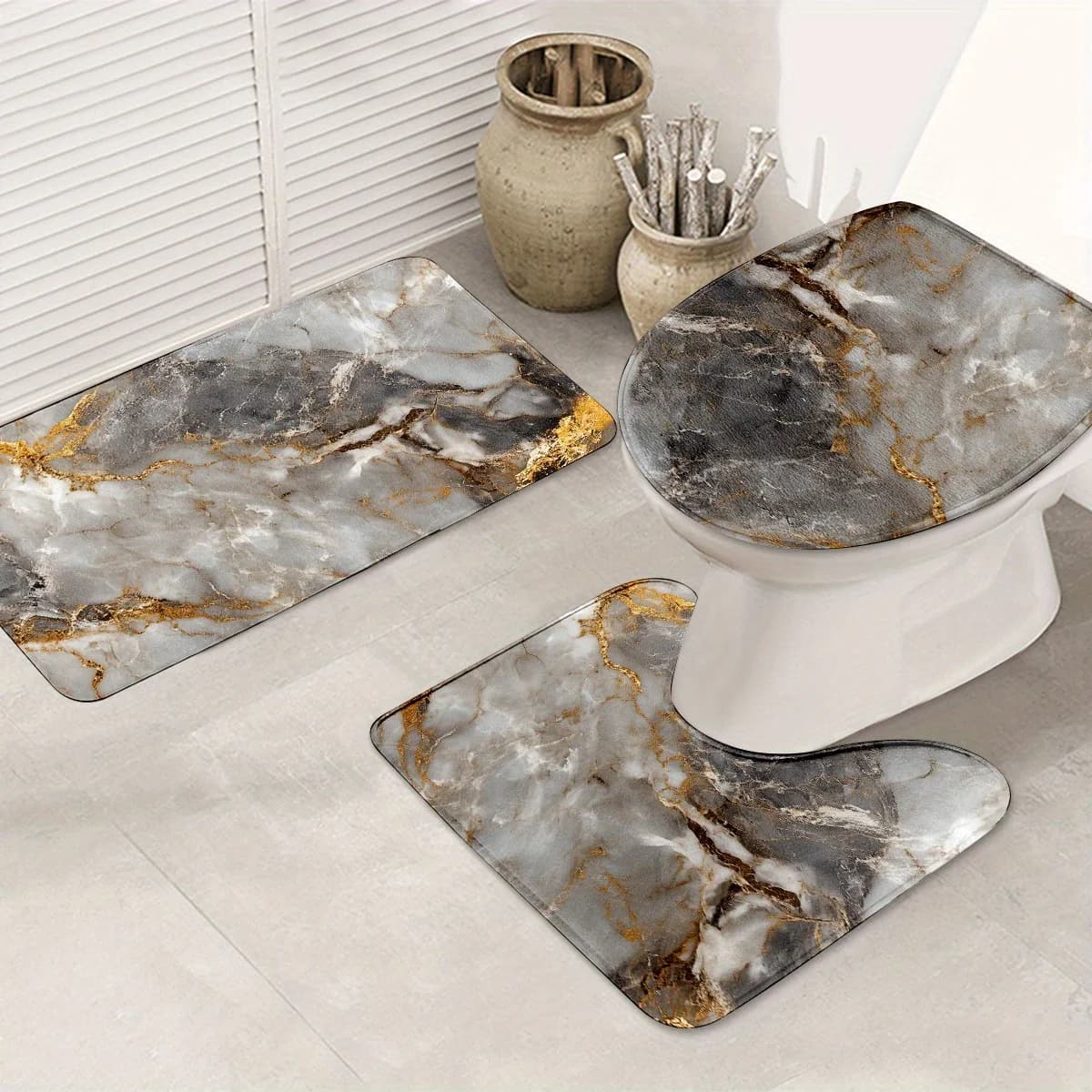Set di tappetini da bagno in 3 pezzi con squisita struttura in marmo con tappeto antiscivolo, copriwater e tappetino da bagno, decorazione del bagno
