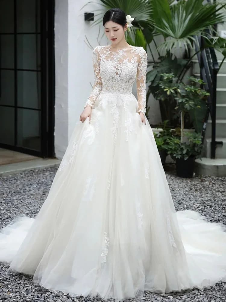 Lace Wedding Dress One Shoulder High Waist Long Skirt with Belt Korean Style Bridal Gown for Women Hotel Indoor Occasion