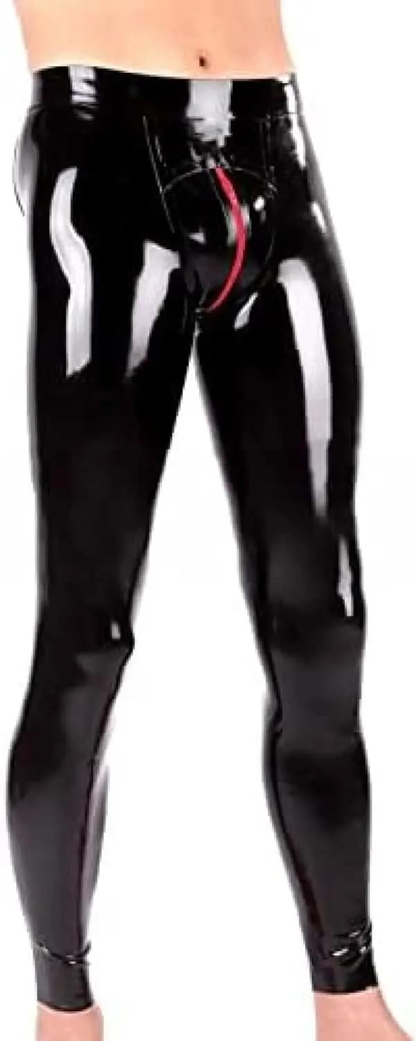 Latex Leggings Men Latex Skinny 3D Cut Hips Cuts Crotch Zip Red Zip