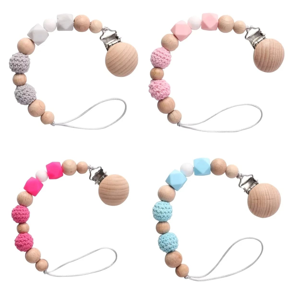 Wood Silicone Baby Pacifier Clips with Crochet Beads Teether Soothe Toy Anti-Drop Nipple Holder Chain Newborn Accessory